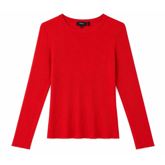 Theory Sweaters - Theory‎ Womens Red Ribbed Knit Long Sleeve Crewneck Fitted Sweater Top L